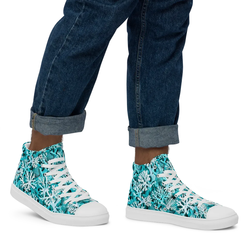 Aqua Coral Bloom on Men's High Top Canvas Shoes — Right