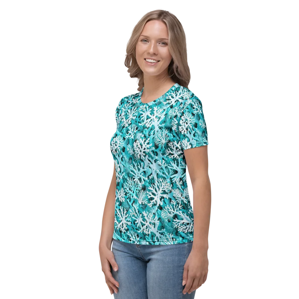 Aqua Coral Bloom on Women's Crew Neck T-Shirt — Left