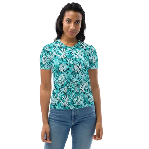 Aqua Coral Bloom on a Women's Crew Neck T-Shirt