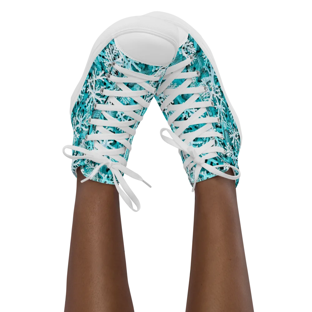 Aqua Coral Bloom on Women's High Top Canvas Shoes — Front