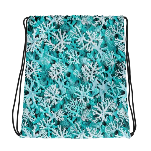 Aqua Coral Bloom on a Drawstring Bag