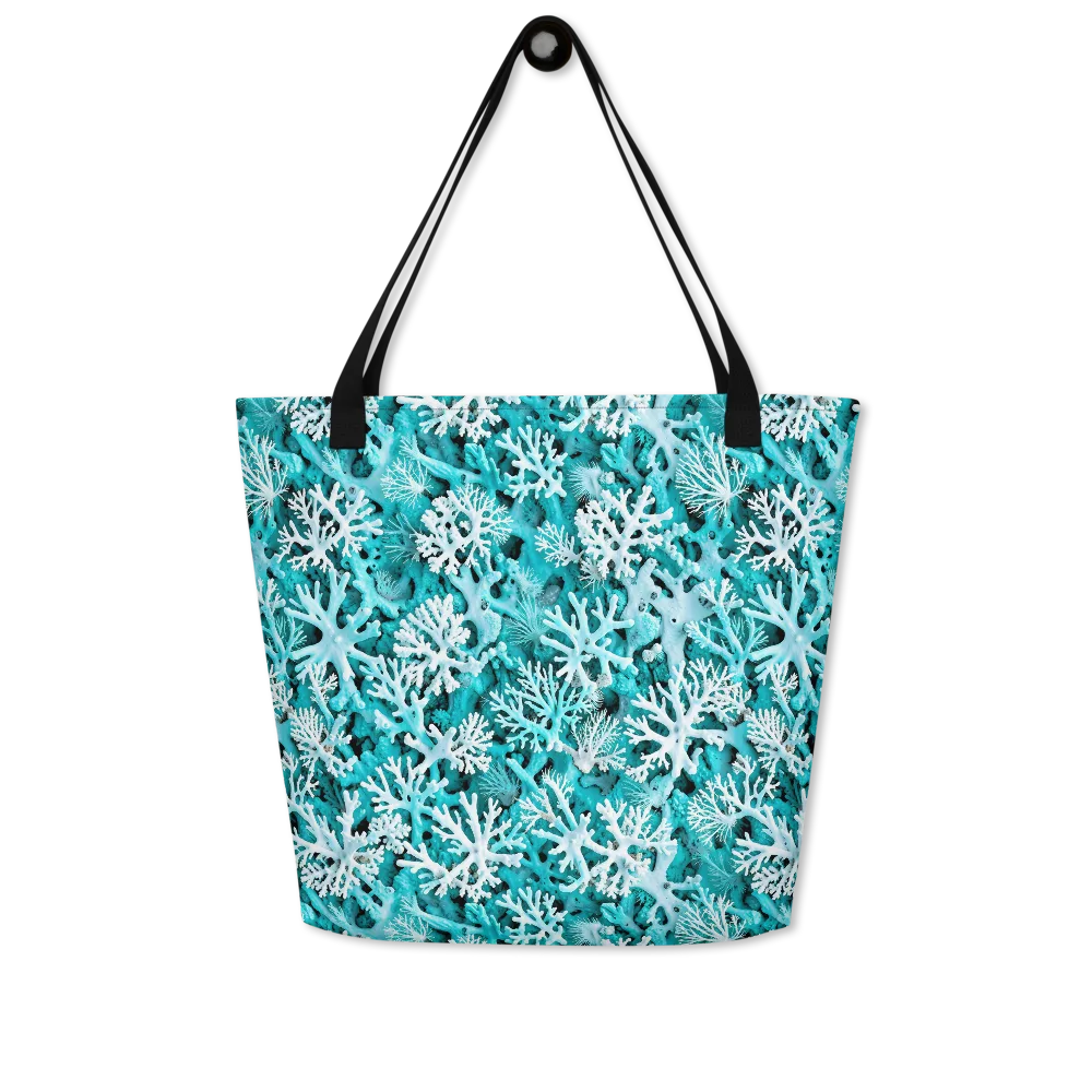 Aqua Coral Bloom on Large Tote Bag W/ Pocket — Front