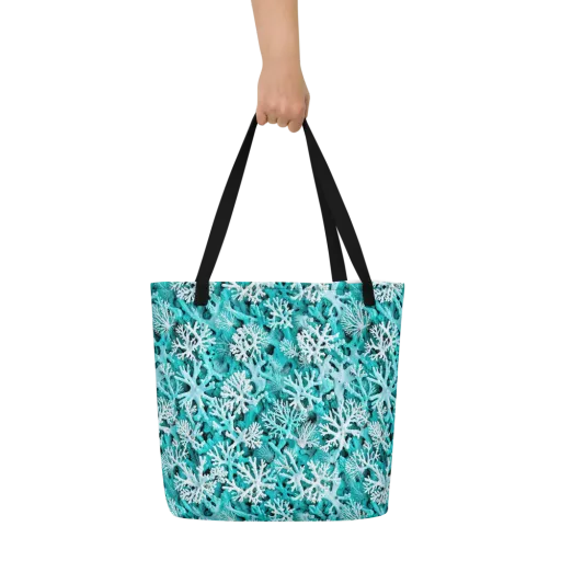 Aqua Coral Bloom on a Large Tote Bag W/ Pocket