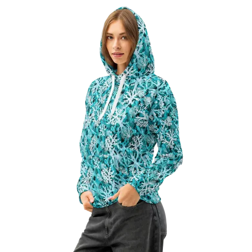 Aqua Coral Bloom on a Cotton Hoodie