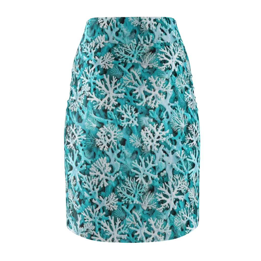 Aqua Coral Bloom on Pencil Skirt — Back