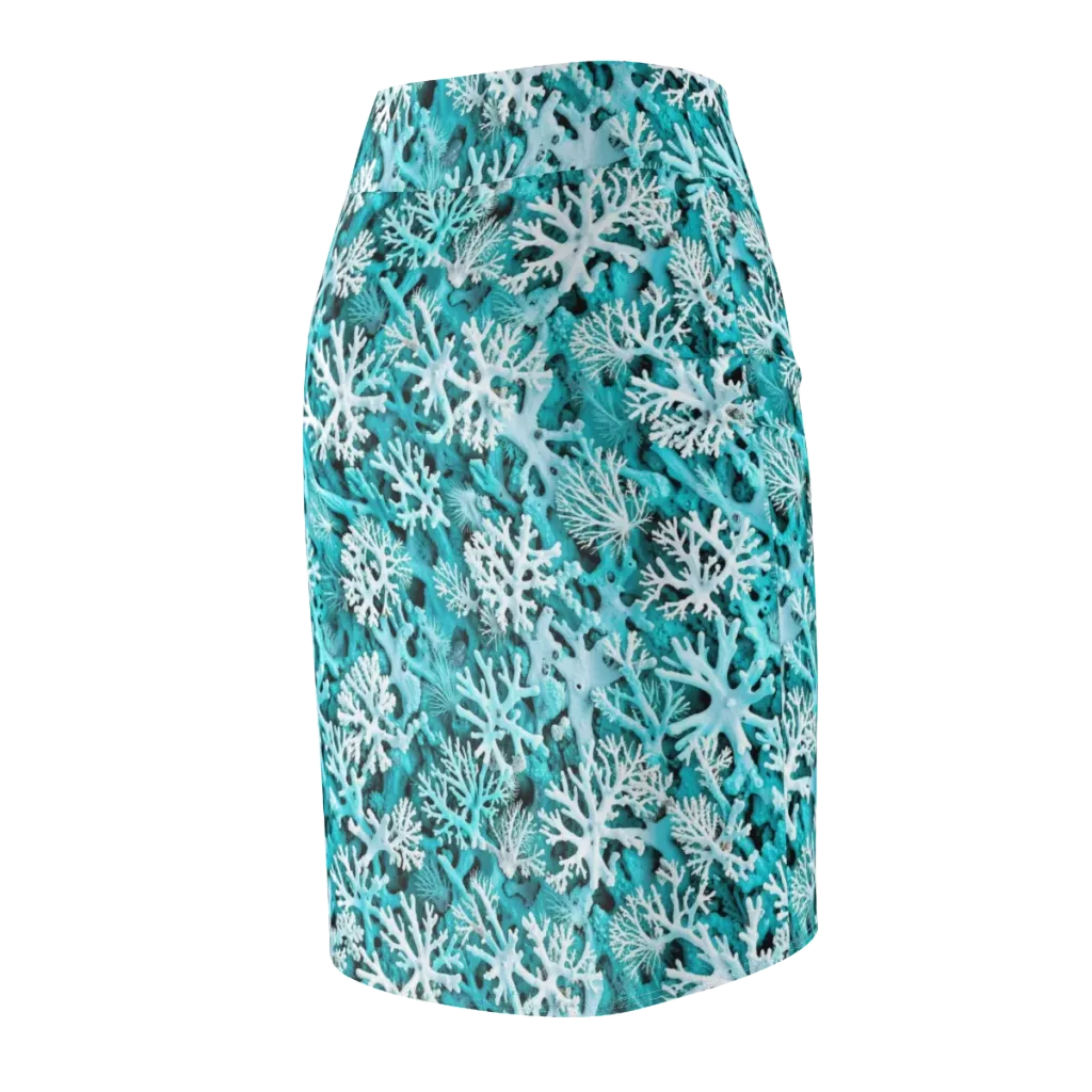 Aqua Coral Bloom on Pencil Skirt — Back Side
