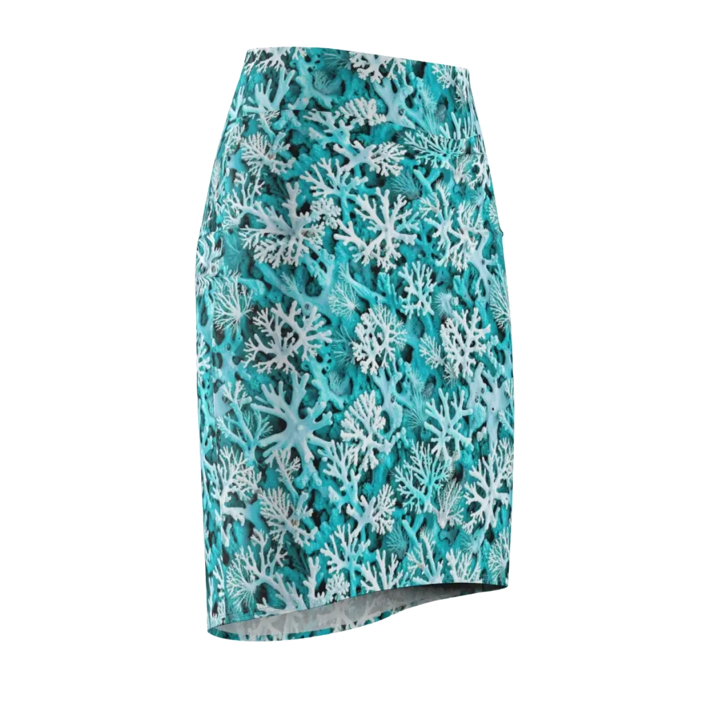 Aqua Coral Bloom on Pencil Skirt — Front Side