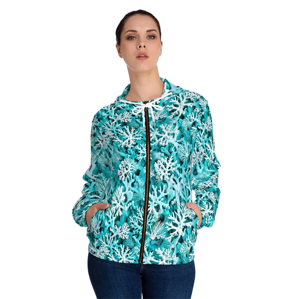 Aqua Coral Bloom on Women's Full-Zip Hoodie — Front On Person