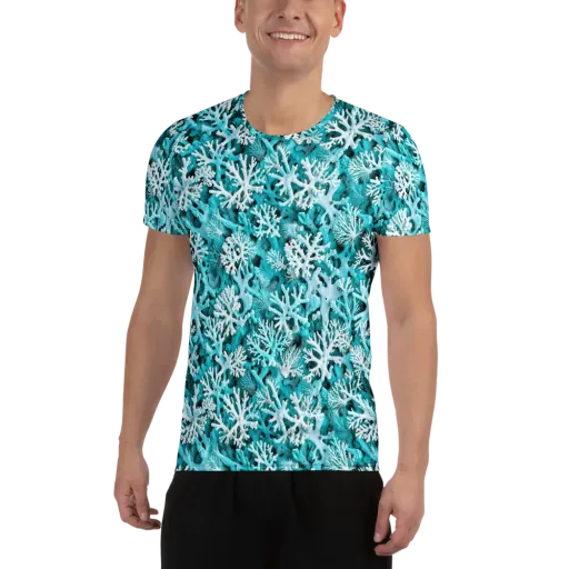 Aqua Coral Bloom on a Men's Athletic T-Shirt