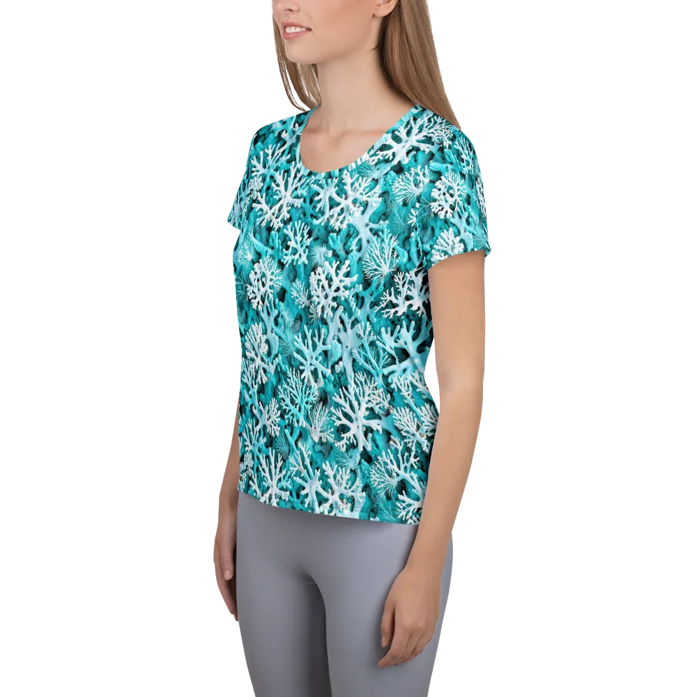Aqua Coral Bloom on Women's Athletic T-Shirt — Left
