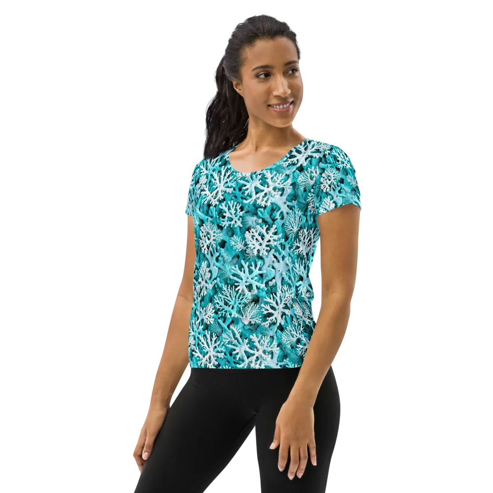 Aqua Coral Bloom on Women's Athletic T-Shirt — Left