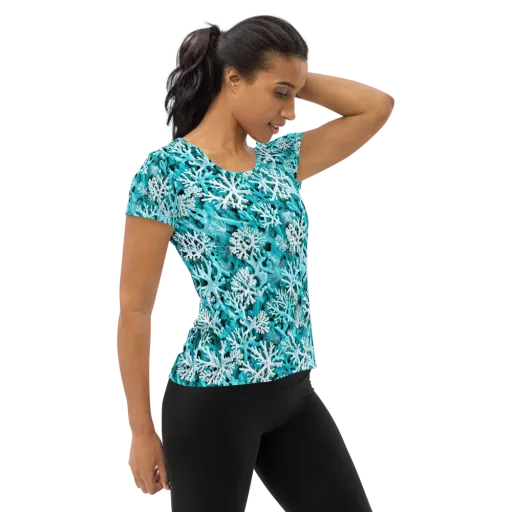Aqua Coral Bloom on a Women's Athletic T-Shirt