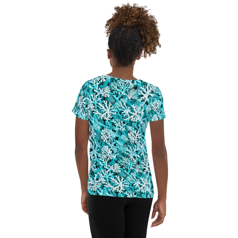 Aqua Coral Bloom on Women's Athletic T-Shirt — Back