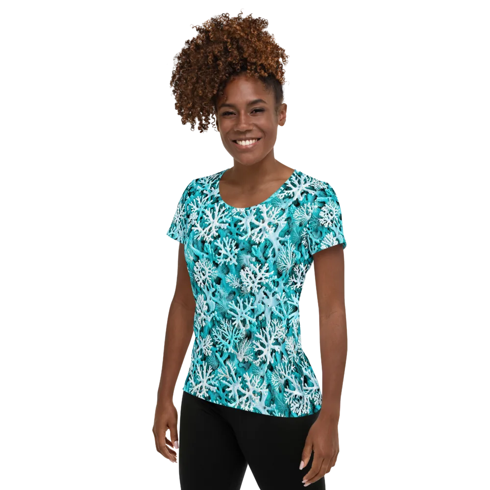 Aqua Coral Bloom on Women's Athletic T-Shirt — Left