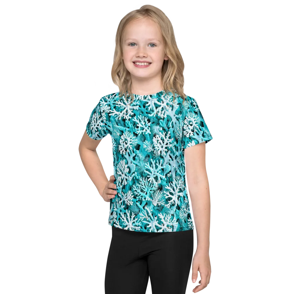 Aqua Coral Bloom on Kids Crew Neck T-Shirt — Front