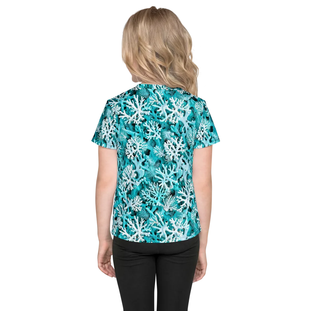 Aqua Coral Bloom on Kids Crew Neck T-Shirt — Back