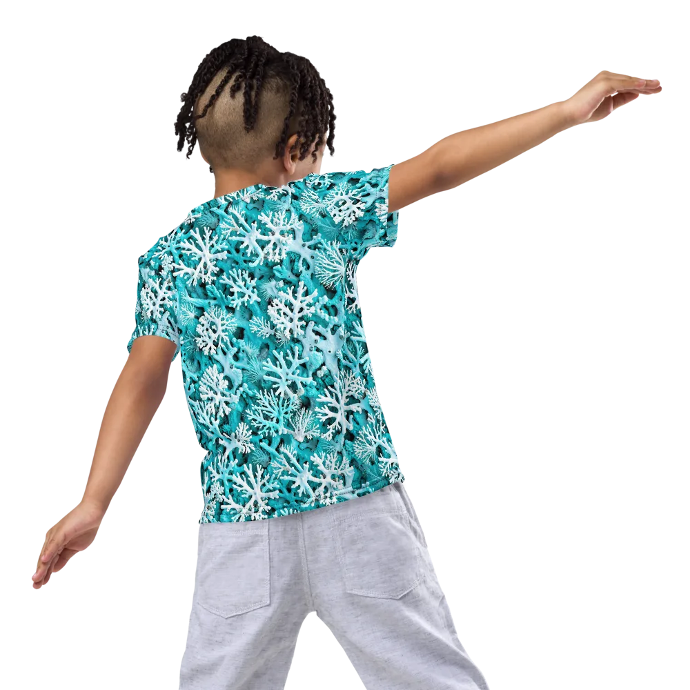 Aqua Coral Bloom on Kids Crew Neck T-Shirt — Back