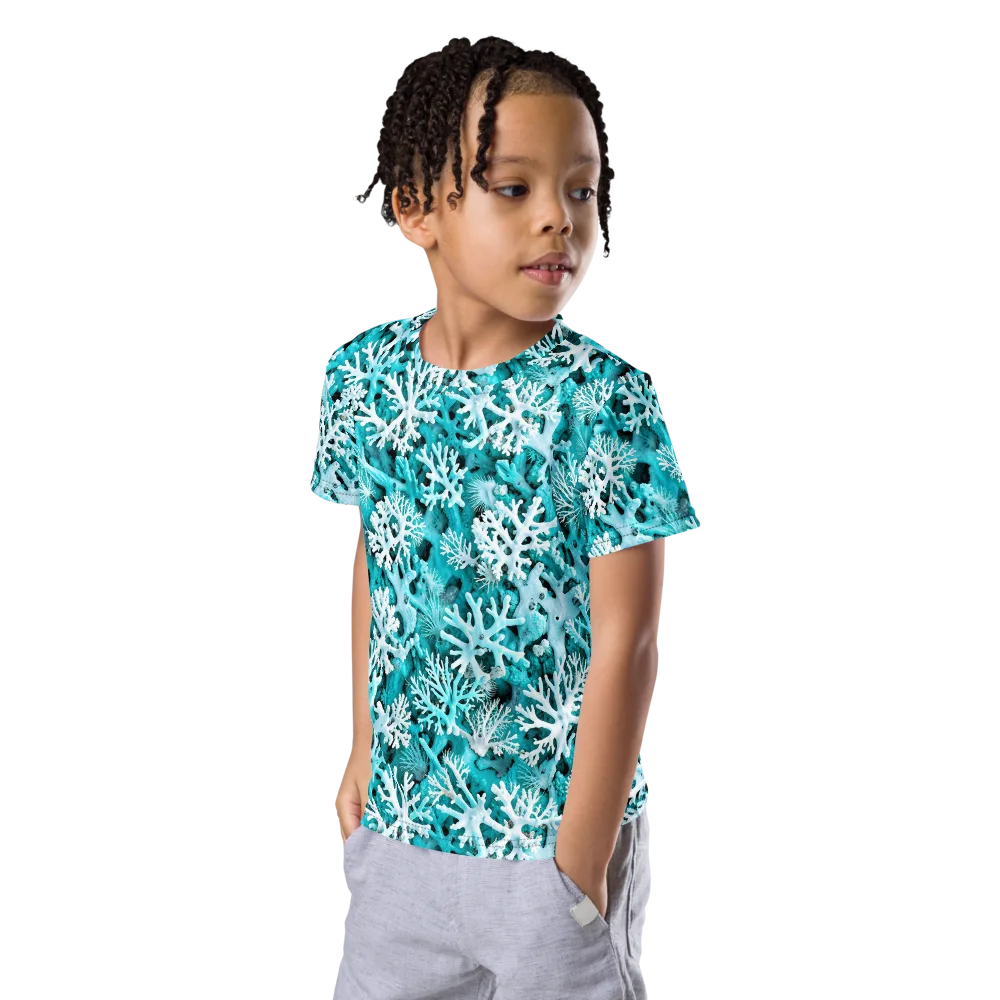 Aqua Coral Bloom on Kids Crew Neck T-Shirt — Left Front