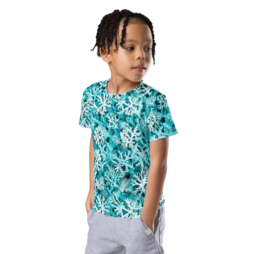 Aqua Coral Bloom on a Kids Crew Neck T-Shirt