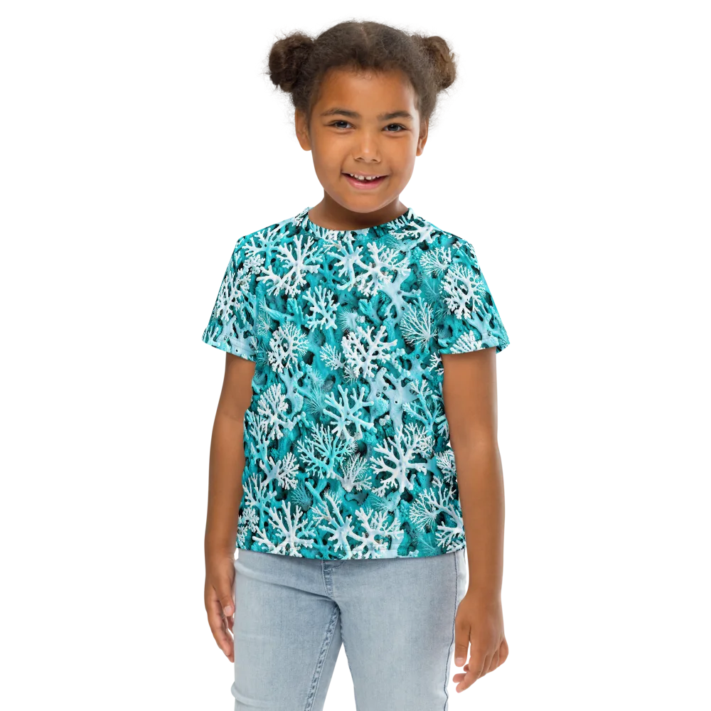 Aqua Coral Bloom on Kids Crew Neck T-Shirt — Front