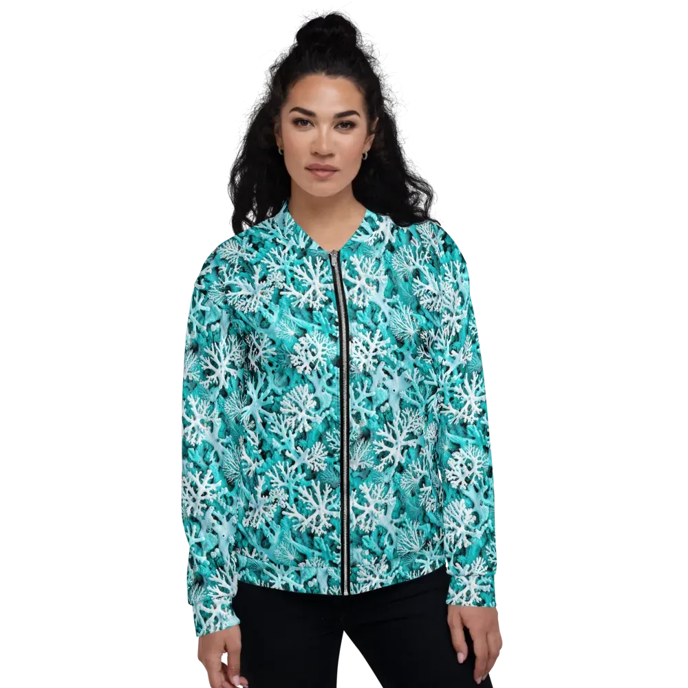 Aqua Coral Bloom on Bomber Jacket — Front