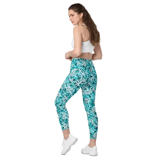 Aqua Coral Bloom on a Leggings with Pockets