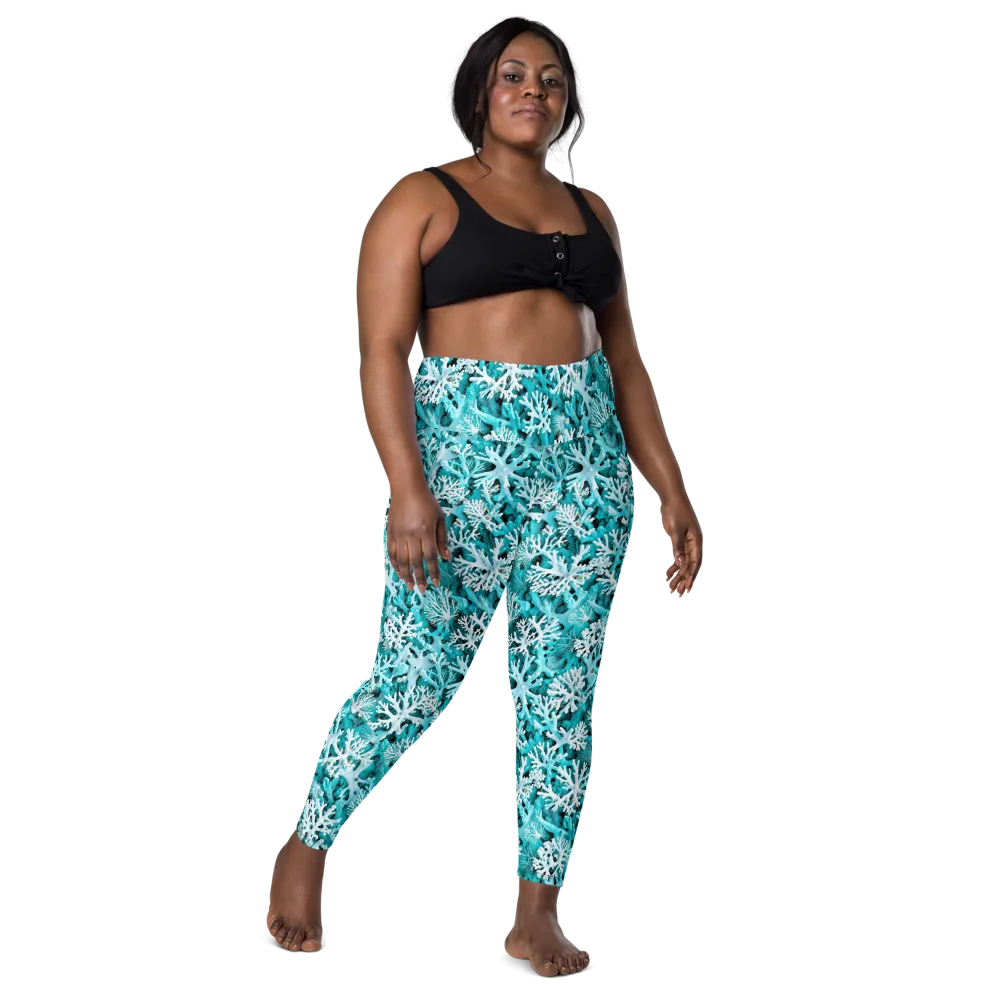 Aqua Coral Bloom on Leggings with Pockets — Front