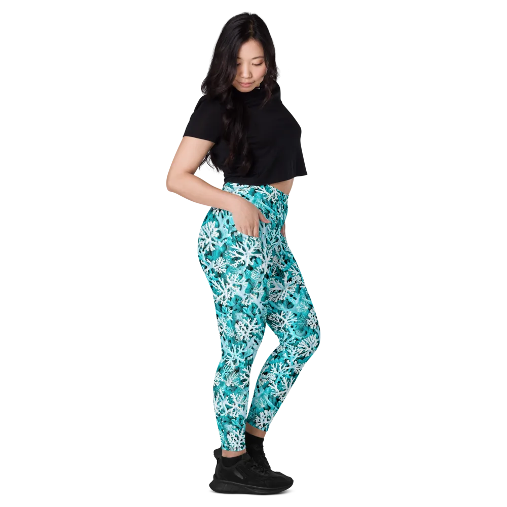 Aqua Coral Bloom on Leggings with Pockets — Right