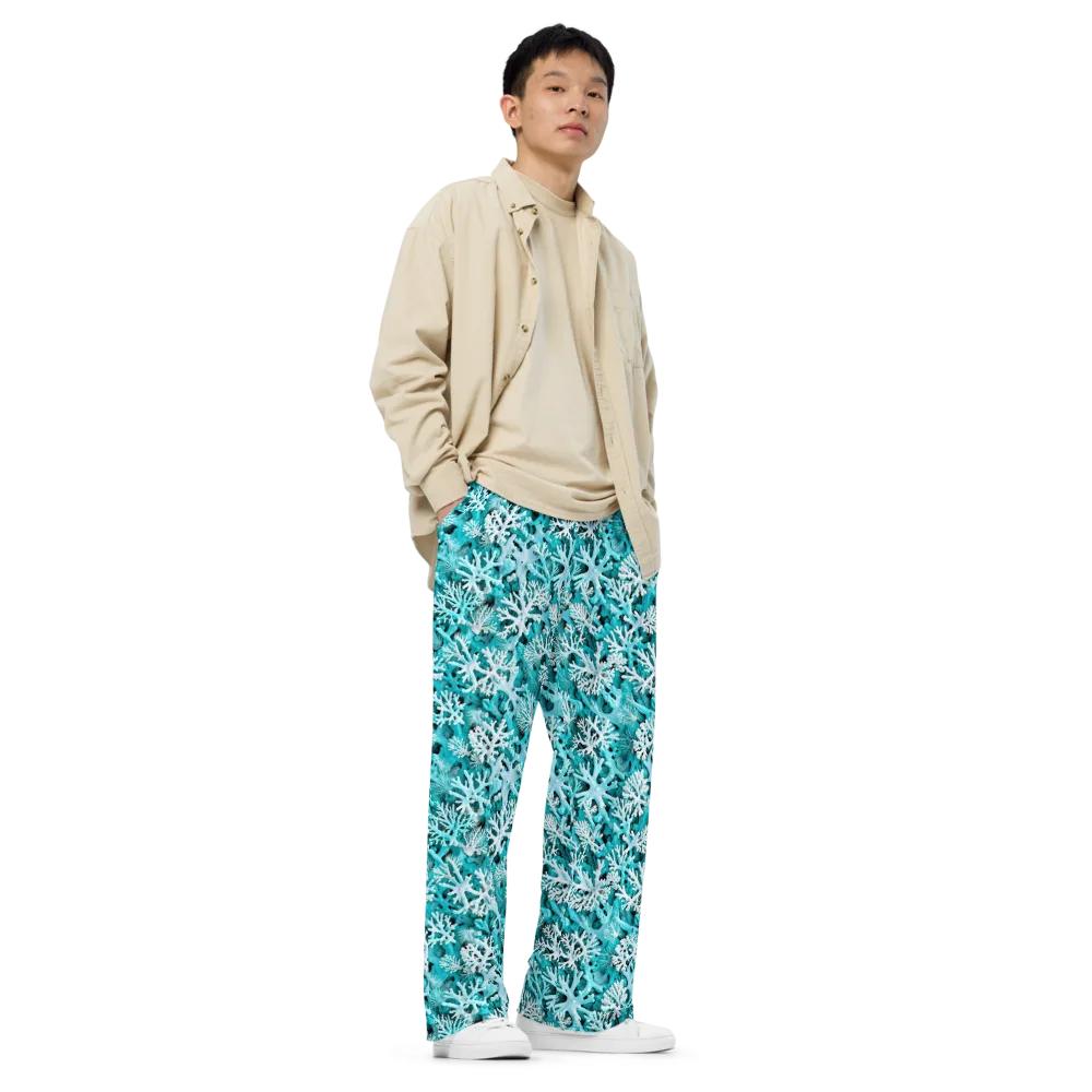 Aqua Coral Bloom on Wide-Leg Pants — Right Front