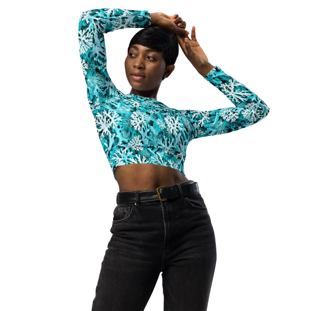 Aqua Coral Bloom on Long Sleeve Crop Top — Front