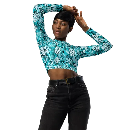 Aqua Coral Bloom on a Long Sleeve Crop Top