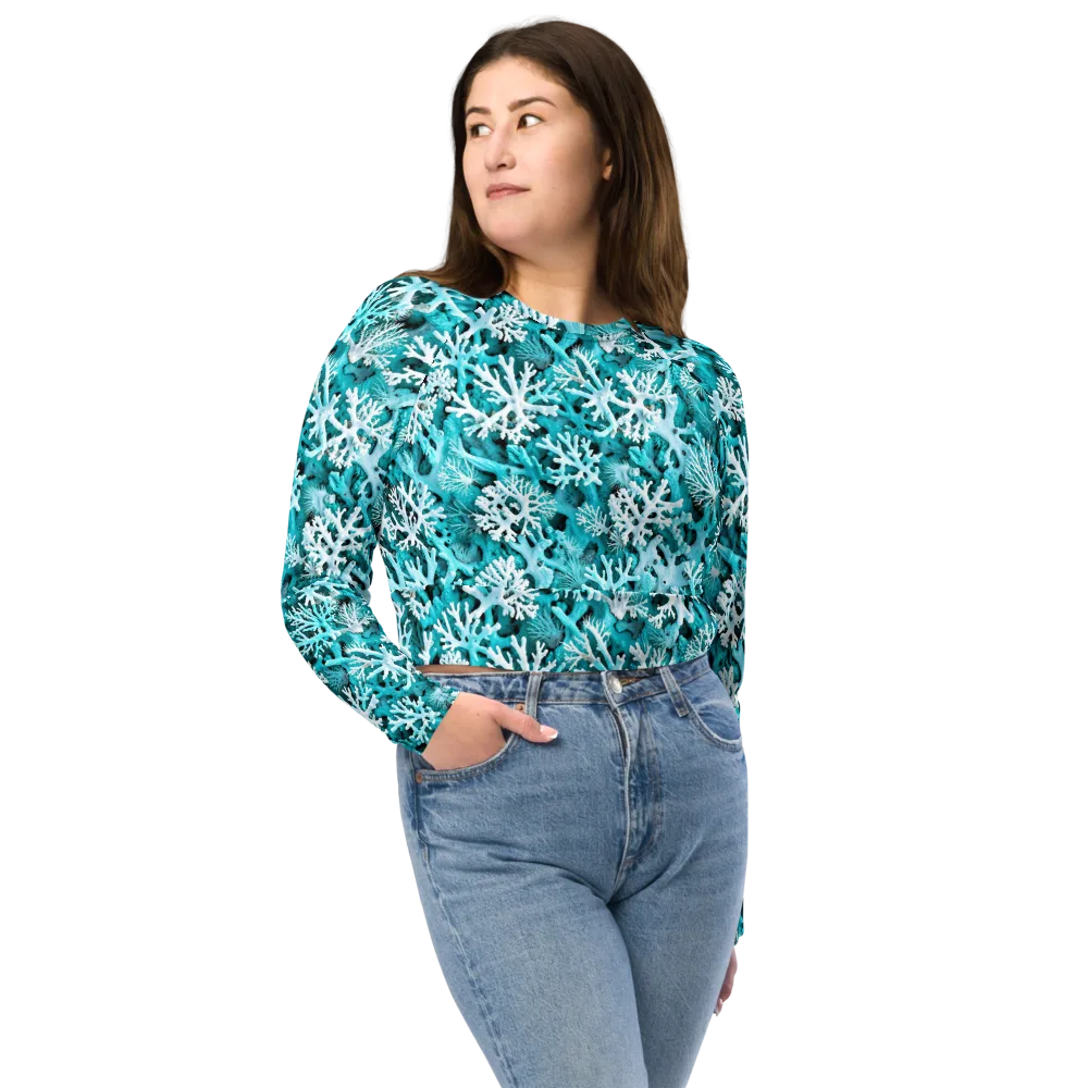 Aqua Coral Bloom on Long Sleeve Crop Top — Front
