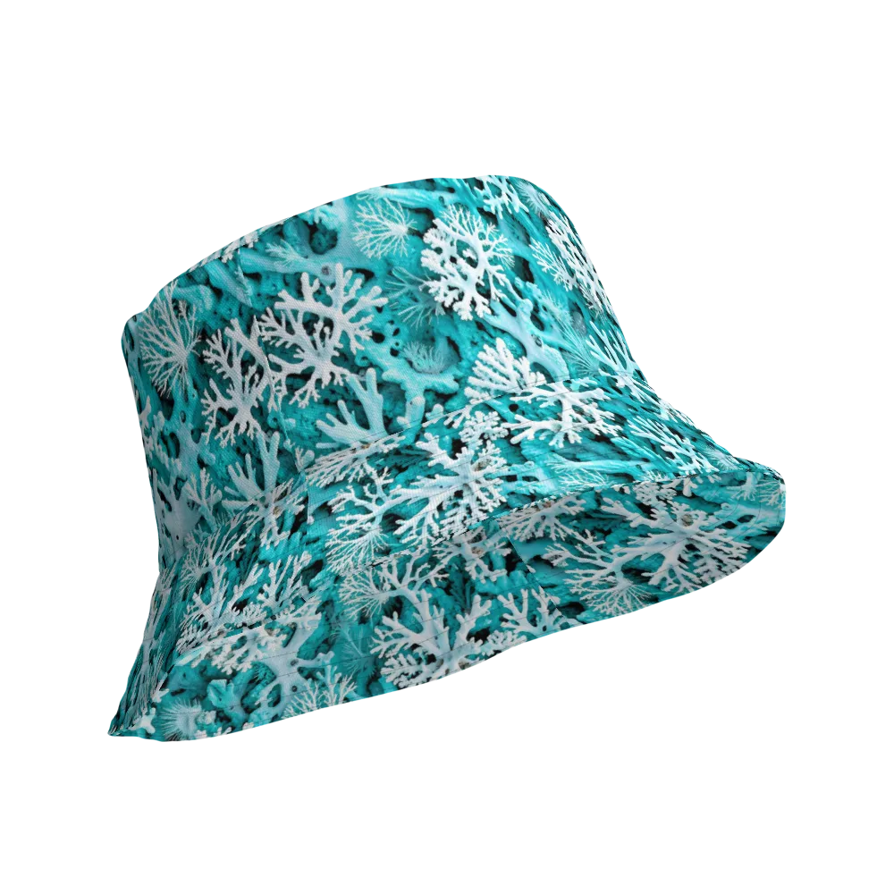 Aqua Coral Bloom on Reversible Bucket Hat — Product details Outside