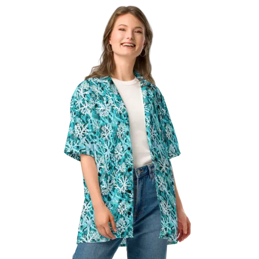 Aqua Coral Bloom on a Button Shirt