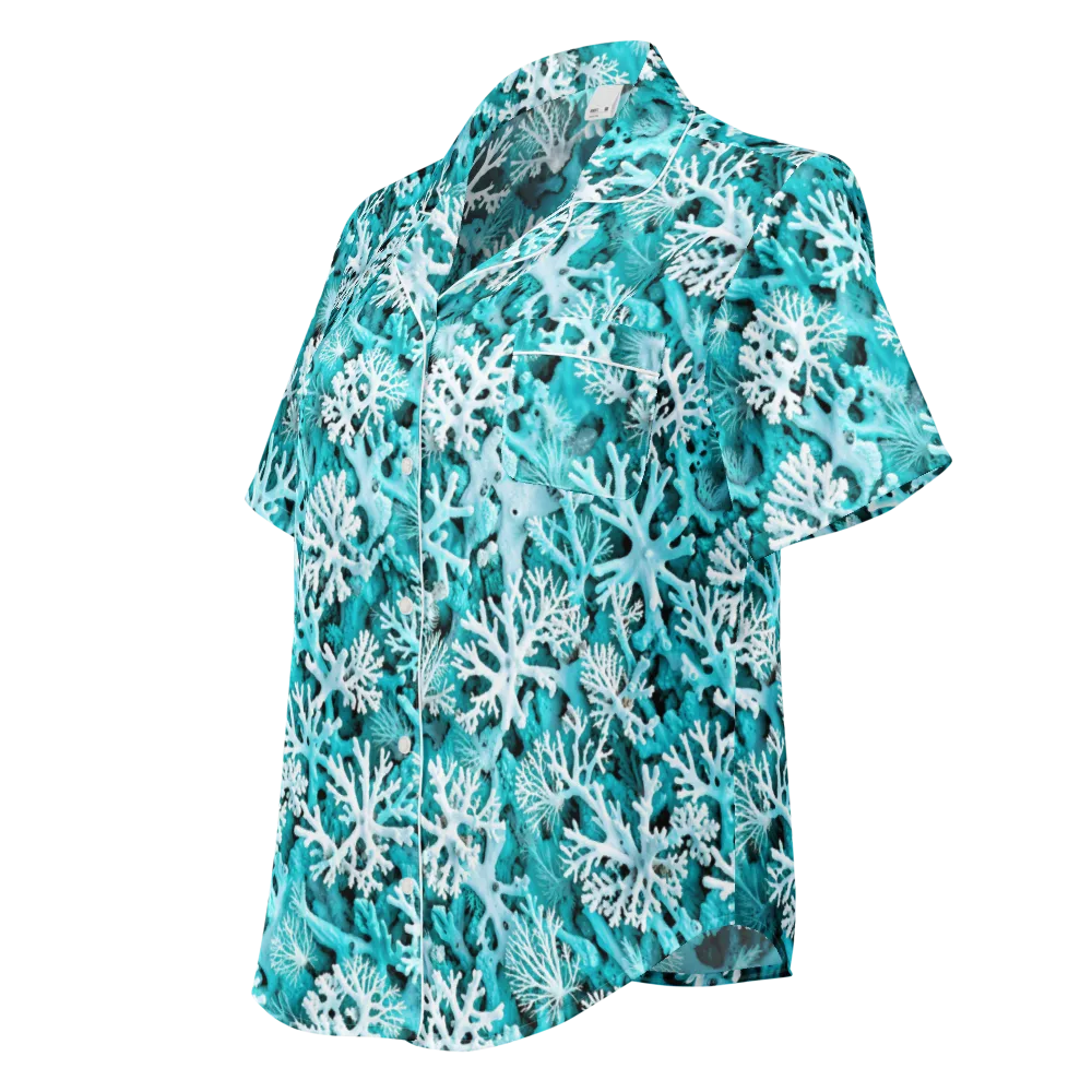Aqua Coral Bloom on Women's Short Sleeve Pajama Top — Left Front
