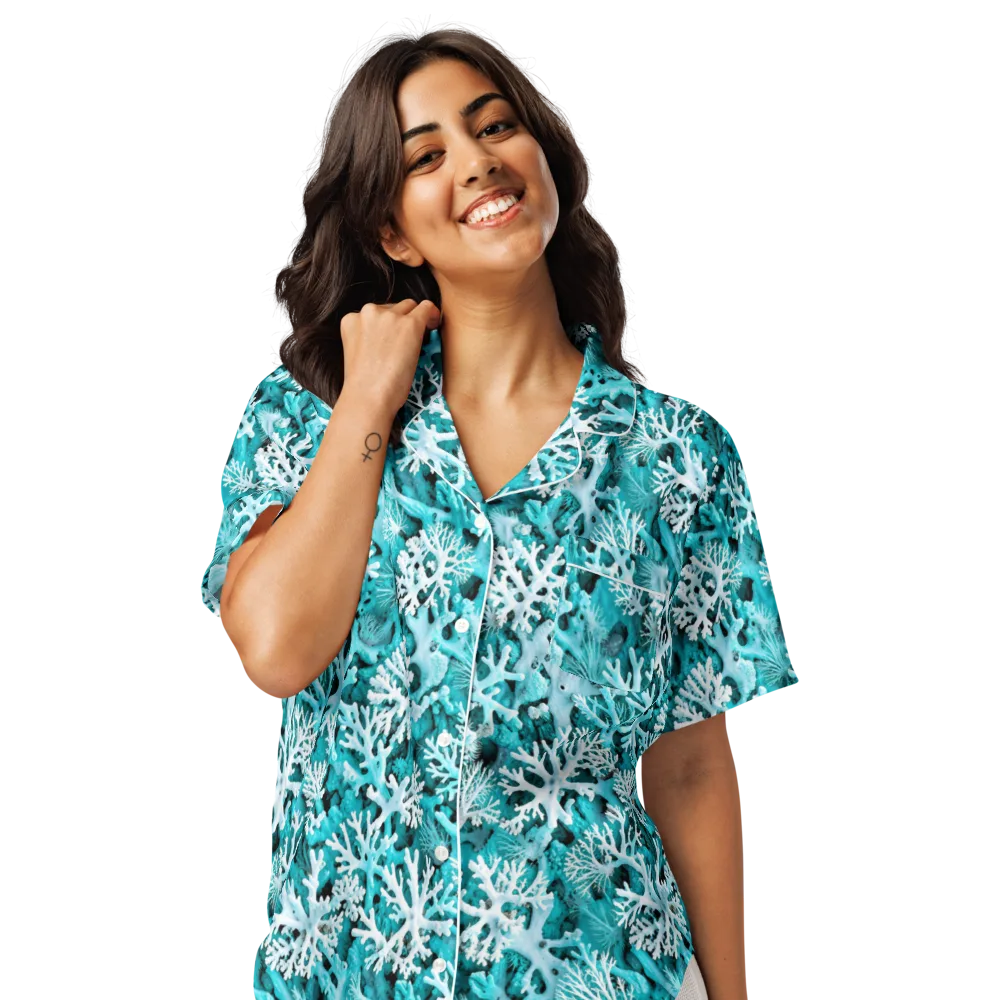Aqua Coral Bloom on Women's Short Sleeve Pajama Top — Front