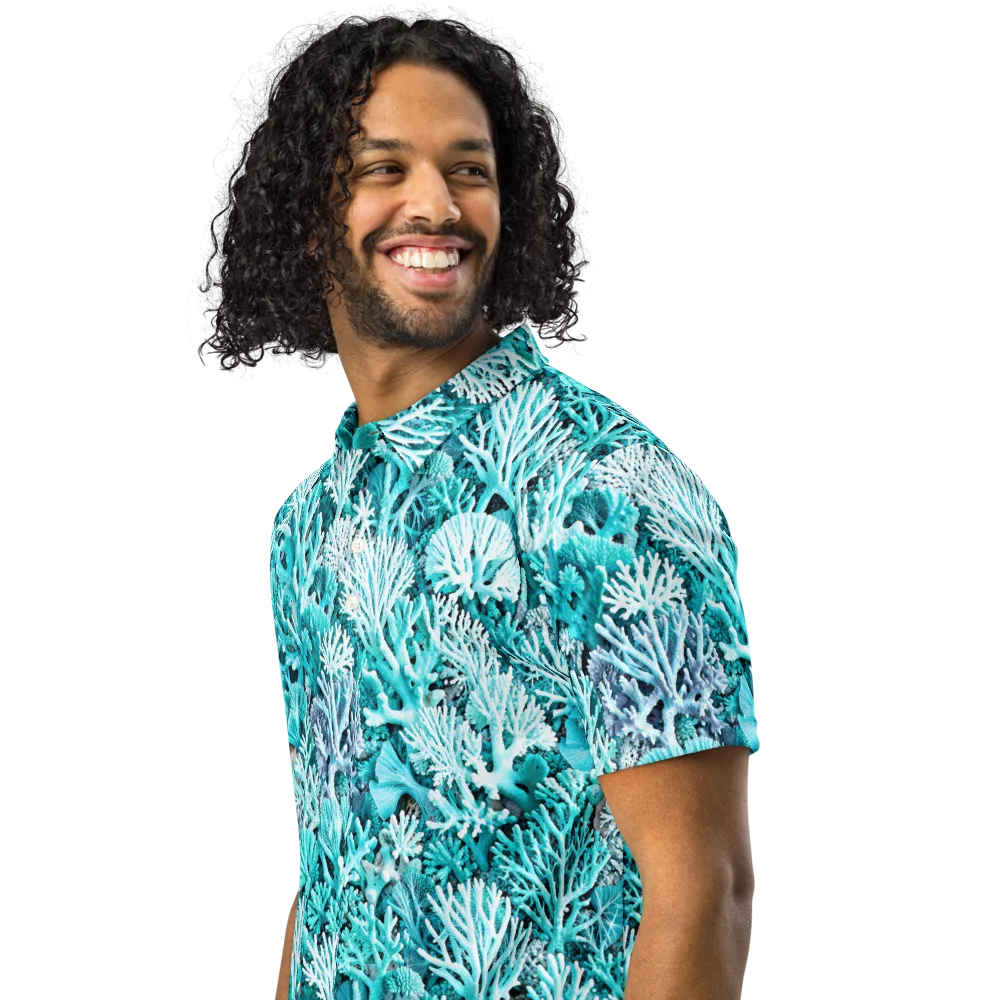 Aqua Coral Garden on Men's Slim Fit Polo Shirt — Left Front