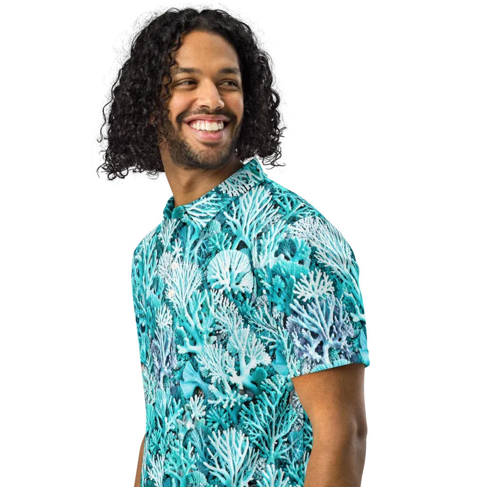 Aqua Coral Garden on Men's Slim Fit Polo Shirt — Left Front