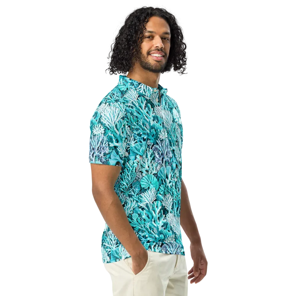 Aqua Coral Garden on Men's Slim Fit Polo Shirt — Right Front