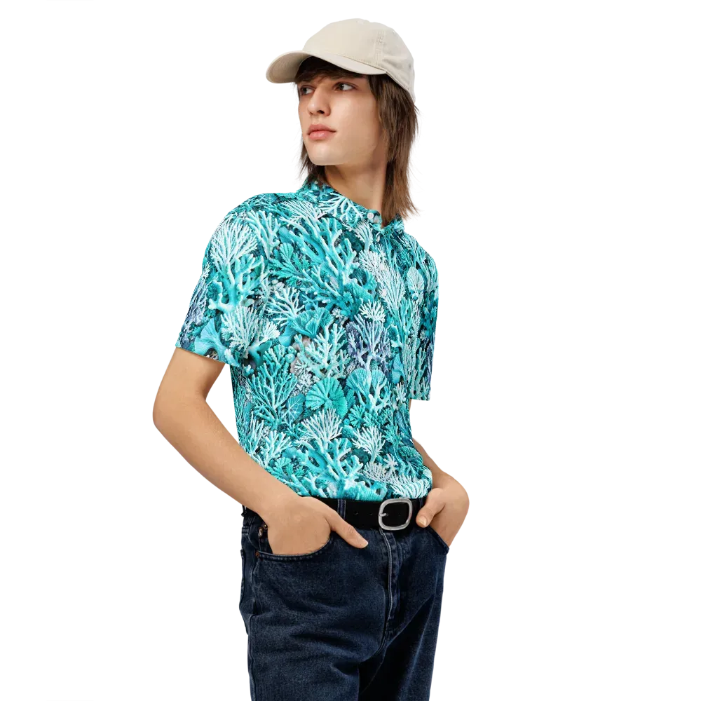 Aqua Coral Garden on Men's Slim Fit Polo Shirt — Right Front