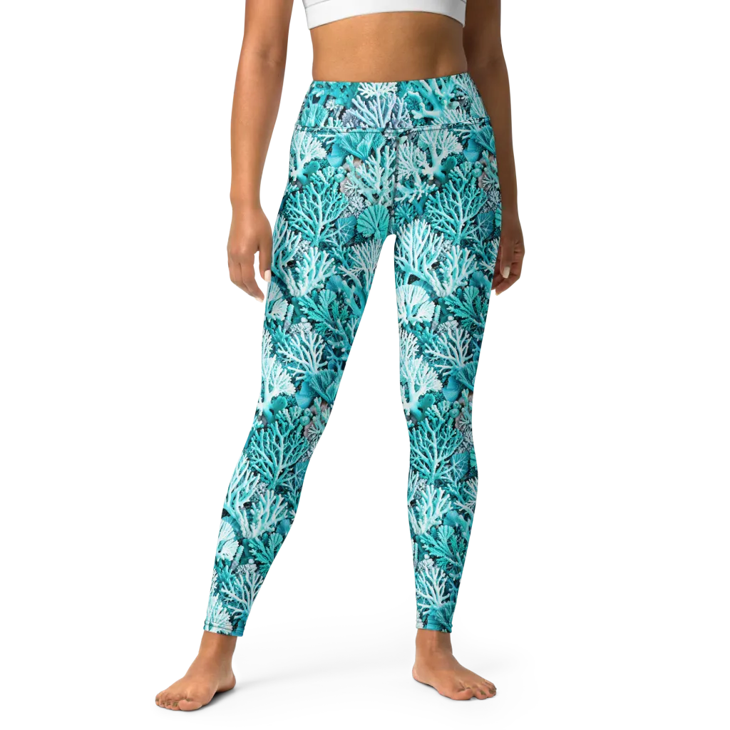 Aqua Coral Garden on Yoga Leggings — Front