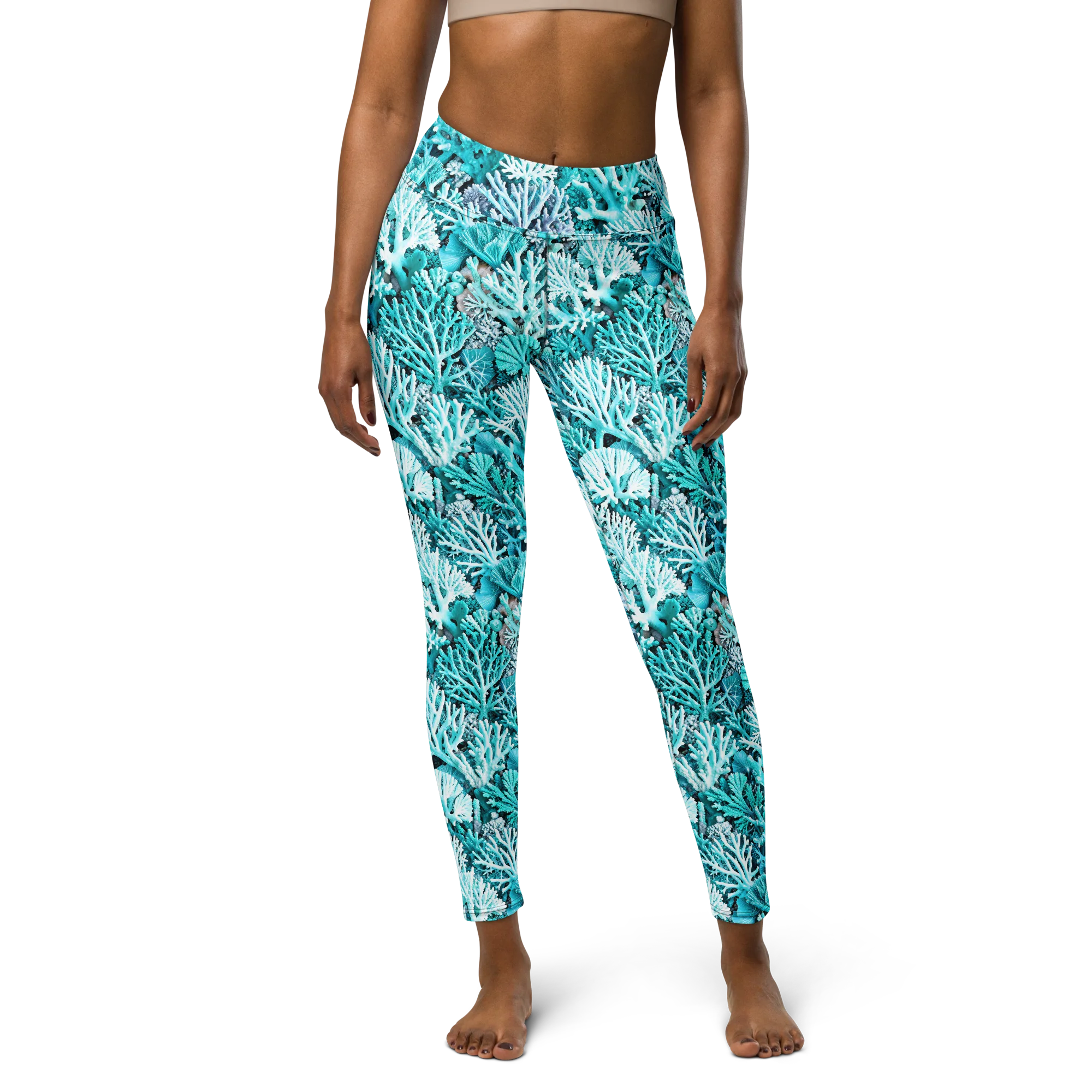 Aqua Coral Garden on Yoga Leggings — Front