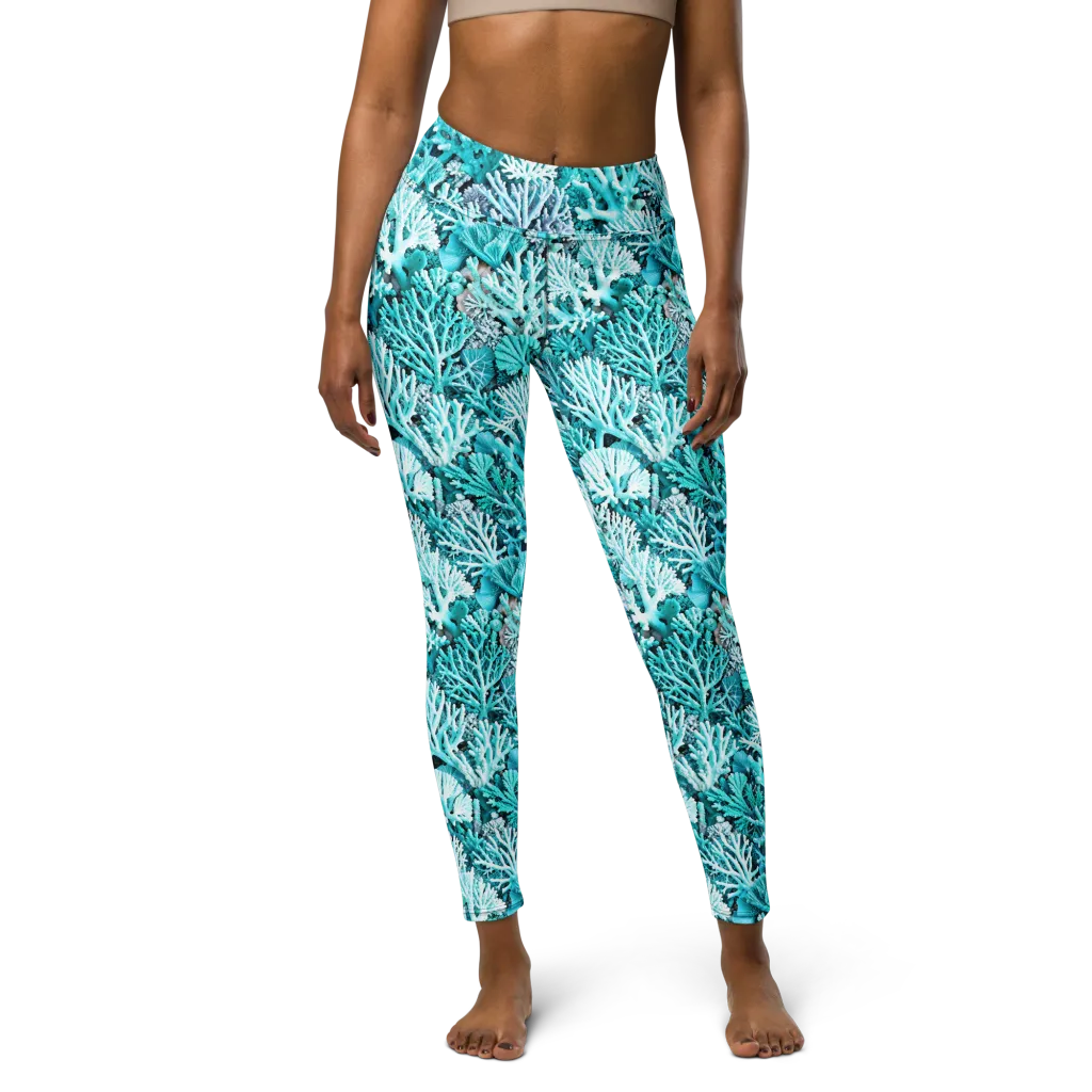 Aqua Coral Garden on Yoga Leggings — Front