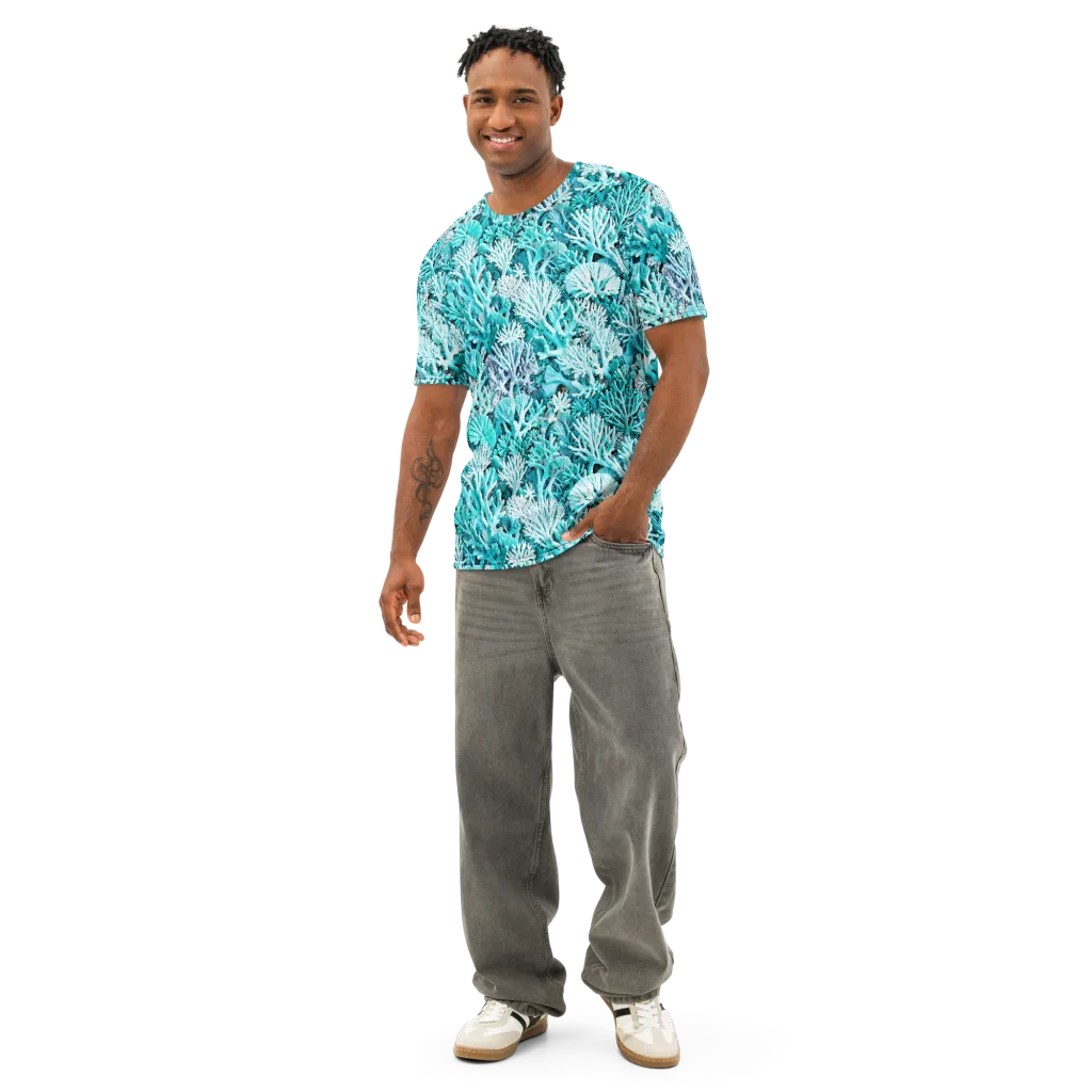 Aqua Coral Garden on Men's Cotton Crew Neck T-Shirt — Front