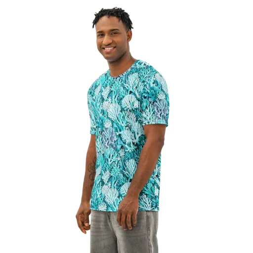Aqua Coral Garden on a Men's Cotton Crew Neck T-Shirt
