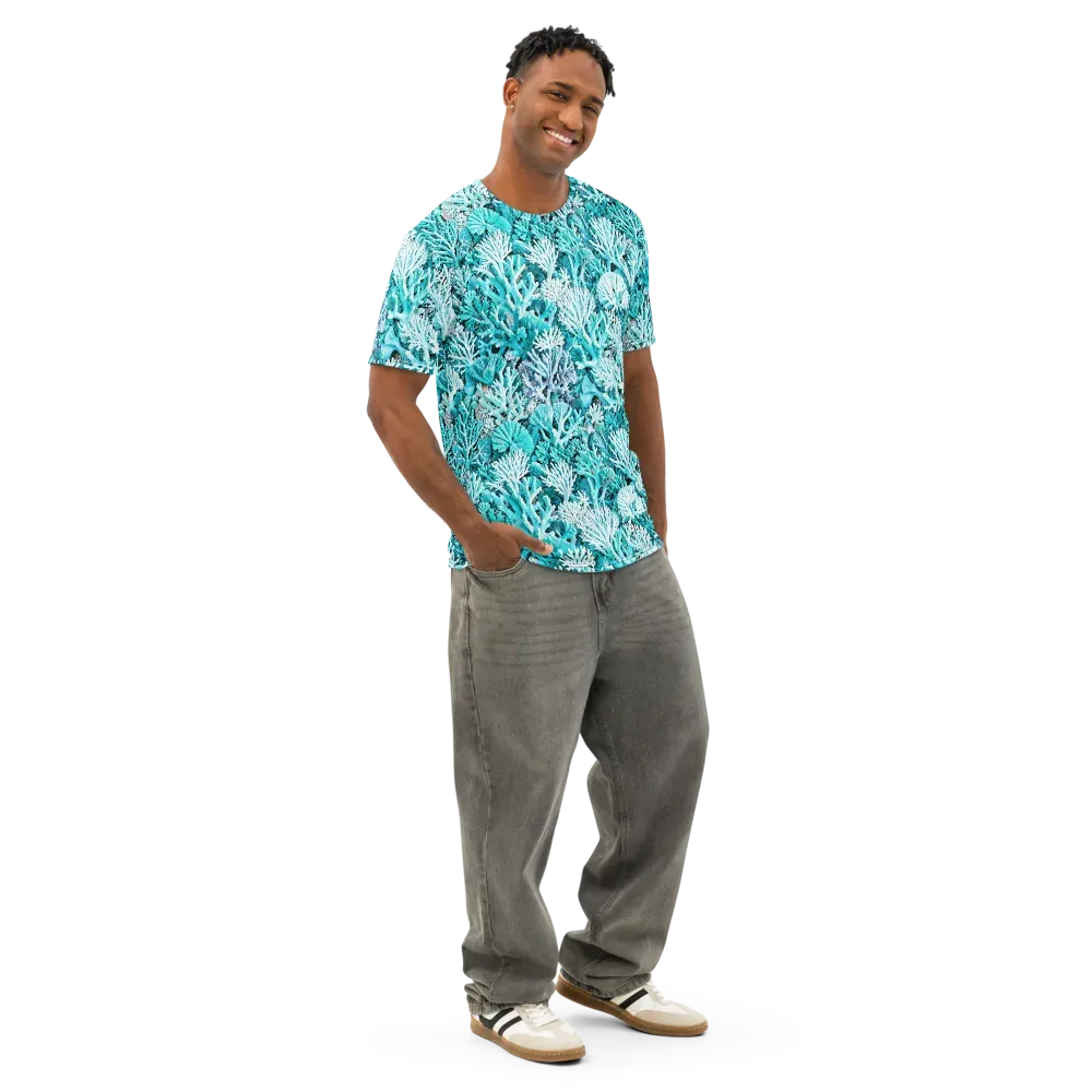Aqua Coral Garden on Men's Cotton Crew Neck T-Shirt — Right Front