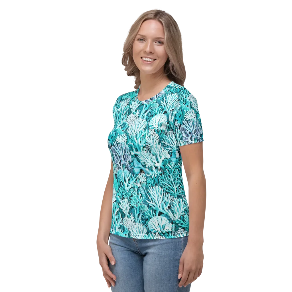Aqua Coral Garden on Women's Crew Neck T-Shirt — Left