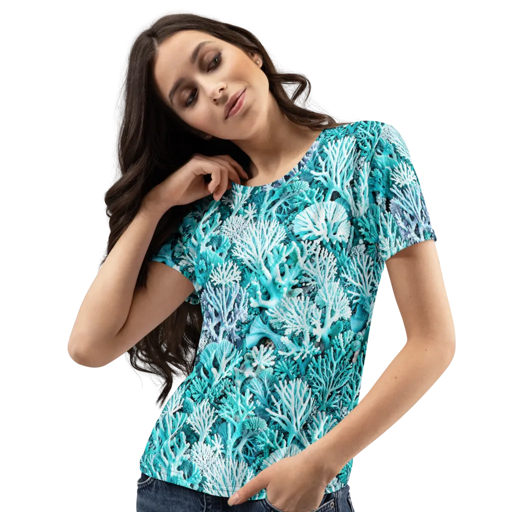 Aqua Coral Garden on Women's Crew Neck T-Shirt — Left Front