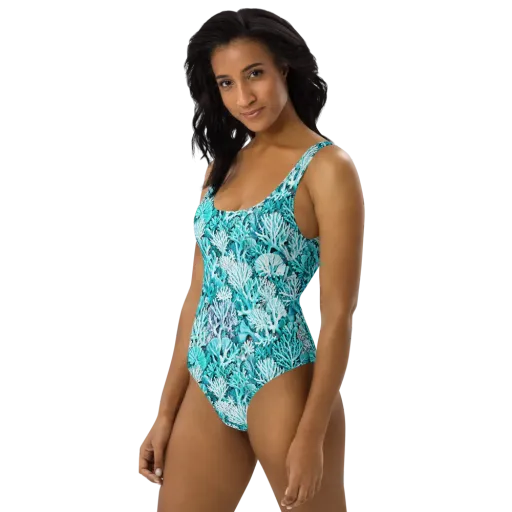 Aqua Coral Garden on a One-Piece Swimsuit