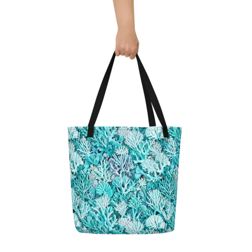 Aqua Coral Garden on a Large Tote Bag W/ Pocket
